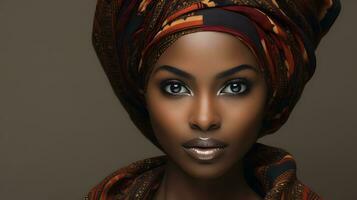 retrato de cerca belleza fantasía africano mujer. ai generado foto