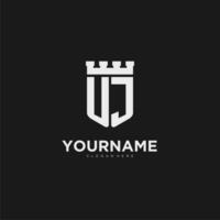 Initials UJ logo monogram with shield and fortress design vector