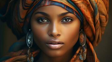 retrato de cerca belleza fantasía africano mujer. ai generado foto