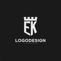 Initials EK logo monogram with shield and fortress design vector