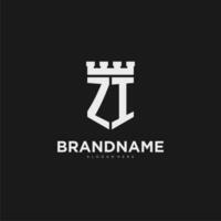 Initials ZI logo monogram with shield and fortress design vector