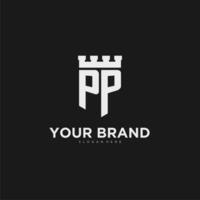 Initials PP logo monogram with shield and fortress design vector