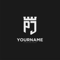 Initials PJ logo monogram with shield and fortress design vector