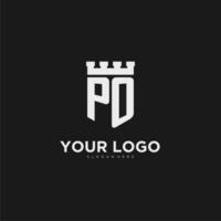 Initials PO logo monogram with shield and fortress design vector