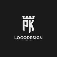 Initials PK logo monogram with shield and fortress design vector