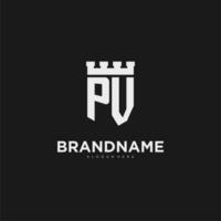 Initials PV logo monogram with shield and fortress design vector