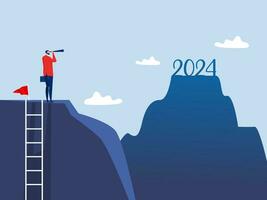 Business goals Businessman looking binoculars on top of the mountain for looking to another next 2024 years Concept of investment Vector illustration