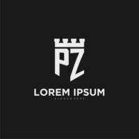 Initials PZ logo monogram with shield and fortress design vector