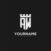 Initials AW logo monogram with shield and fortress design vector