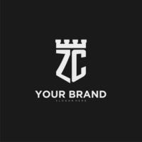 Initials ZC logo monogram with shield and fortress design vector