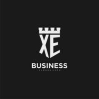 Initials XE logo monogram with shield and fortress design vector