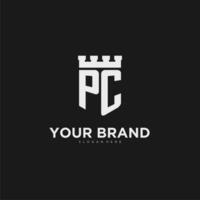 Initials PC logo monogram with shield and fortress design vector