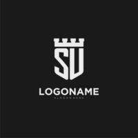 Initials SU logo monogram with shield and fortress design vector