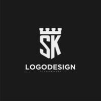 Initials SK logo monogram with shield and fortress design vector