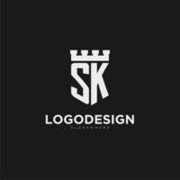 Initials SK logo monogram with shield and fortress design vector