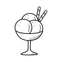 Ice cream in creamers and baskets doodle style. Vector illustration of summer refreshing dessert. Icon for the cafe restaurant menu. Single sketch isolate on white.