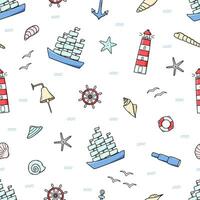 Seamless pattern icons of sea life. Ship telescope shells, lifebuoy anchor steering wheel bull, lighthouse and seagulls. Vector illustration, symbols of sailors or pirates.