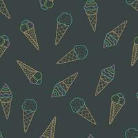 Seamless pattern cartoon set of drawings of ice cream in waffle cups cone. Background wallpaper vector doodle illustration of a summer dessert sketch.