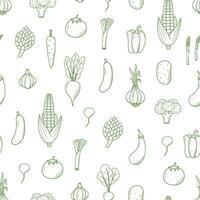 Seamless Pattern of drawing vegetables in doodle style. A set of vector illustrations of the harvest corn potatoes carrots radishes beets garlic onions tomatoes, etc.