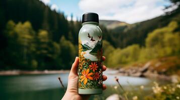 Close-up of female hand holding reusable, steel thermo shiny bottle for water, on the background of clear water of a lake with a turquoise hue. Copy space concept. AI Generated photo