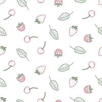 Seamless pattern Summer sweet berries doodle icons. Vector illustration background raspberry strawberry cherry and mint leaves.