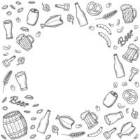 Beer doodle icons set. Vector illustration of Pub elements beer and snacks. Sketch drawing Oktoberfest or bar.