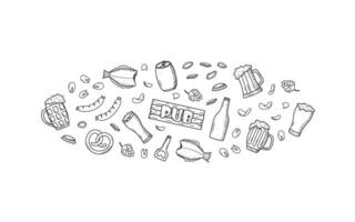 Beer doodle icons set. Vector illustration of Pub elements beer and snacks. Sketch drawing Oktoberfest or bar.