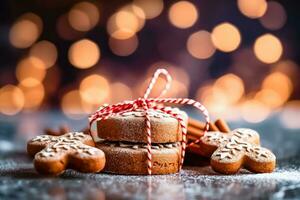 Delightful Holiday Gingerbread Cookies with Bokeh Holiday Background - Generative AI photo