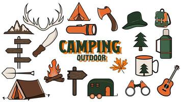 Camping and hiking set, hand drawn elements-tent, circular fire, map and lying animals. Perfect for scrapbooking, craft projects, posters, tags, sticker kits. Vector illustration.