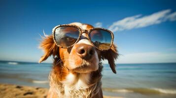 a dog wearing sunglasses on the beach photo
