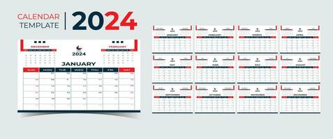 Monthly calendar template for 2024 year. Wall calendar in a minimalist style. Calendar 2024 week start Sunday corporate design planner template. vector