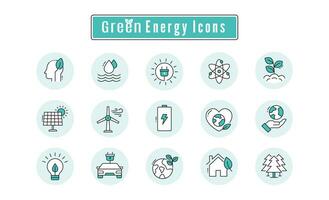 Green Energy Icons. Renewable, Sustainable, and Eco-Friendly. Editable Stroke and Colors. vector