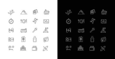 Travel essentials icons. Travel itinerary. Vacation line icons. Tourism vector illustrations. Adventure outline icons. Editable Stroke.