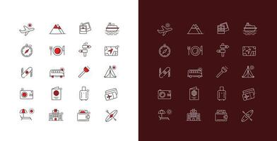 Travel essentials icons. Travel itinerary. Vacation line icons. Tourism vector illustrations. Adventure outline icons. Editable Stroke.