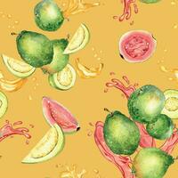 Whole guavas and juice splash watercolor seamless pattern isolated on orange background. Tropical fruit, red spot, drop guajava hand drawn. Design for wrapping, packaging, textile, wallpaper, fabric vector