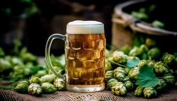 Aromatic Hop Buds in Fresh Beer Foam - Generative AI photo