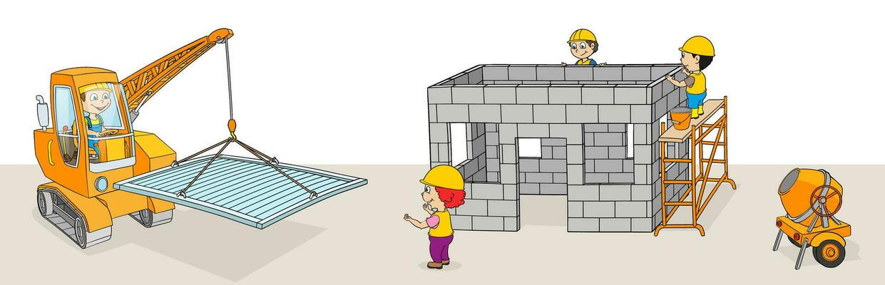 Construction crane mortar machine ladder woman man wheelbarrow cartoon vector set