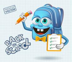 Back to school vector cute school bag cartoon holding notes with pen