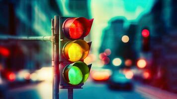 Urban Night Lights - Multicolored Traffic Signal Gleam - Generative AI photo