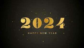 2024 Happy new year banner with Golden metallic numbers date 2024 and flickering fireworks. Dark luxury background. Vector illustration