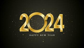 2024 Happy new year banner with Golden metallic numbers date 2024 and flickering fireworks. Dark luxury background. Vector illustration