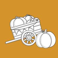 Pumpkin Cart Autumn Season Cartoon Digital Stamp Outline vector