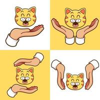 hands with happy cat head set vector