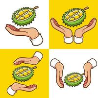 hands with durian fruit set vector