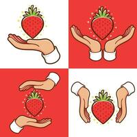 hands with strawberry fruit set vector