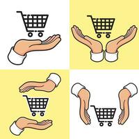 hands with shopping trolley cart set vector