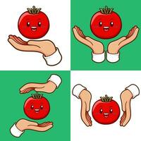 hands with tomato vegetables element set vector