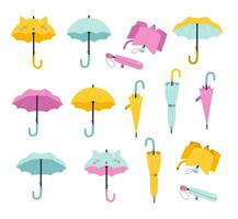 Set of Umbrellas in various positions. Open and folded umbrellas. Hand drawn Vector illustration.