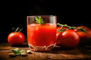 tomate jugo y Fresco maduro Tomates - granja fresca bondad - generativo ai foto