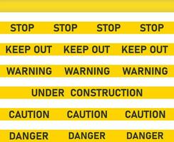 Yellow caution tape with danger stripe, safety, construction zone, warning signs, police presence, vector ribbons, keep out.